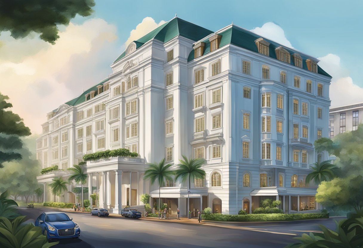 The Hotel Royal Singapore stands tall with its grand, colonial-style architecture, surrounded by lush greenery and a bustling cityscape