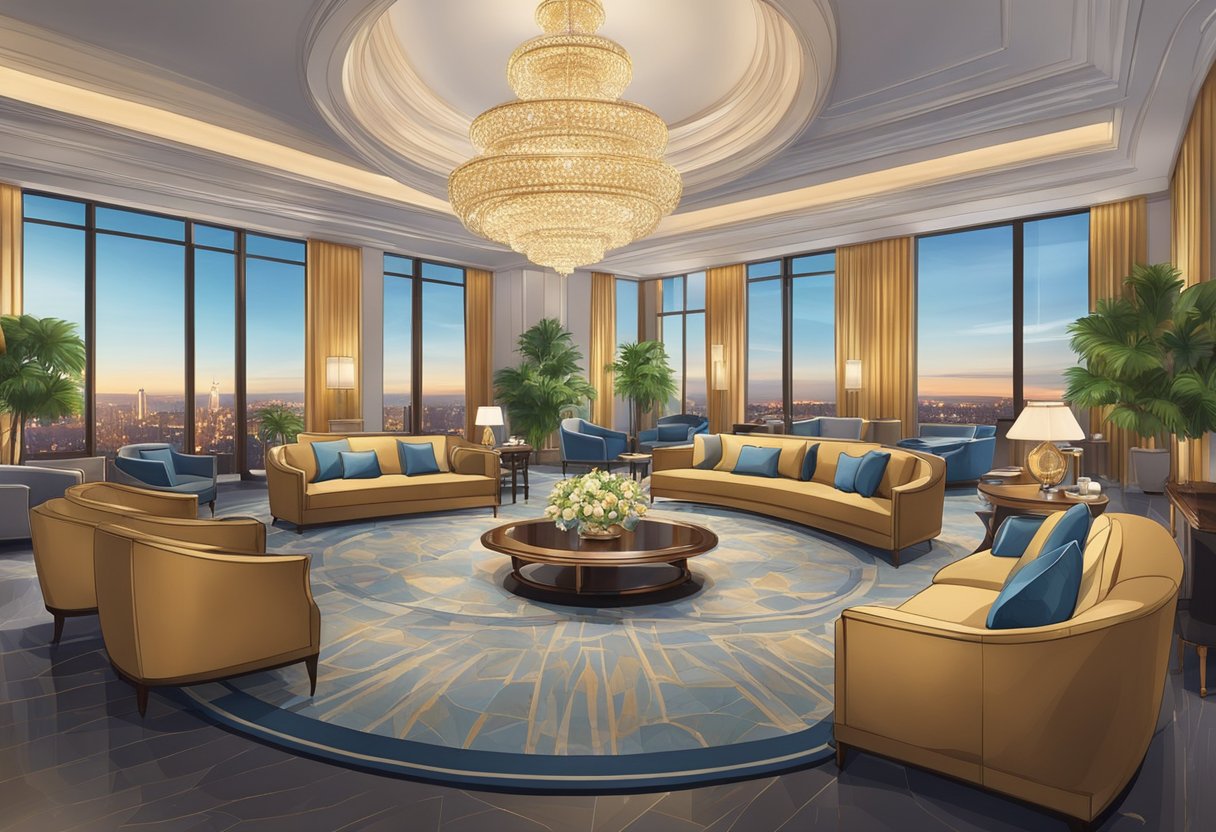 The hotel lobby is adorned with elegant furnishings and a grand chandelier, while the spacious rooms feature luxurious amenities and breathtaking city views