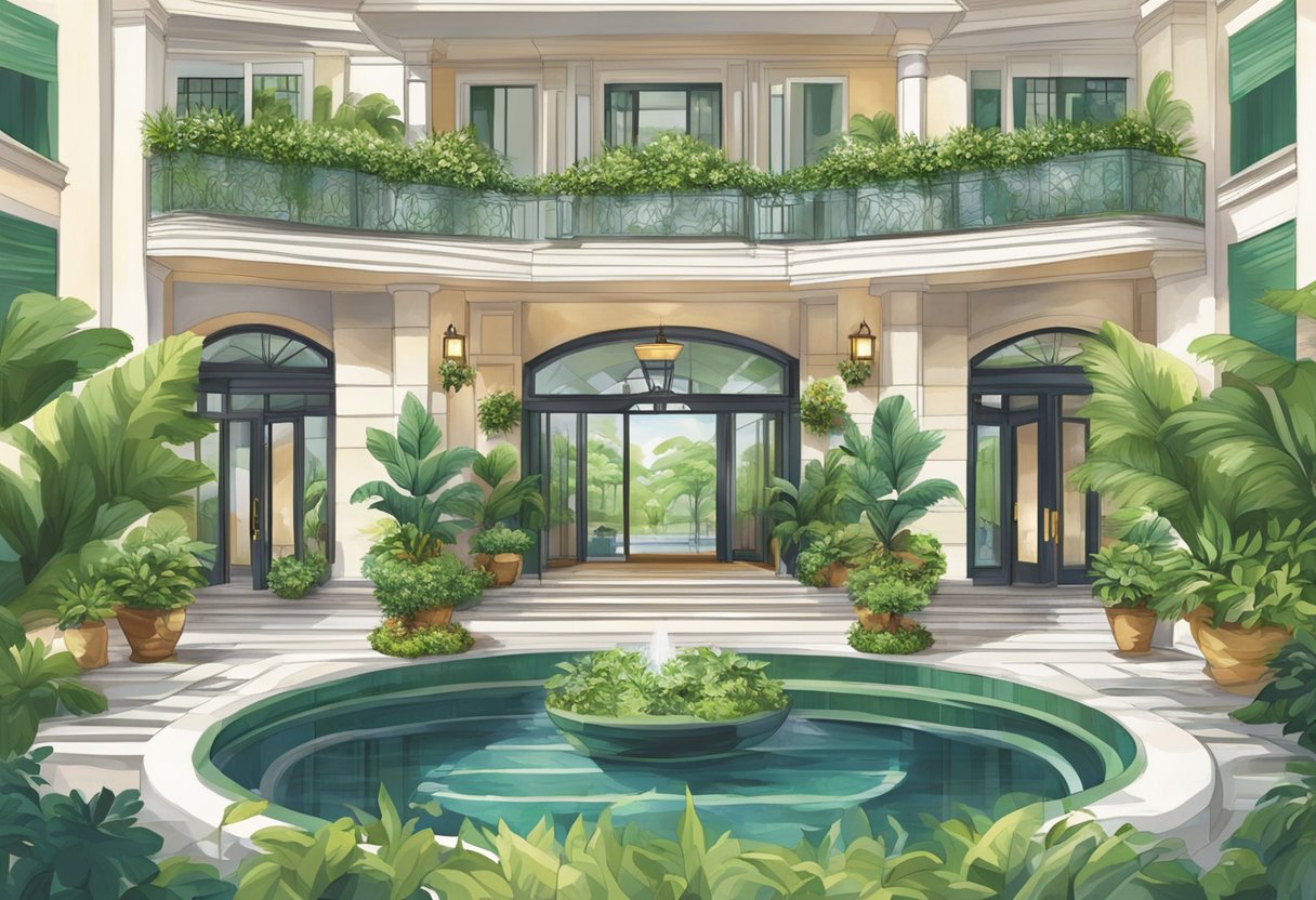 The hotel's grand entrance adorned with lush greenery welcomes guests as they arrive at the prestigious Hotel Royal Singapore