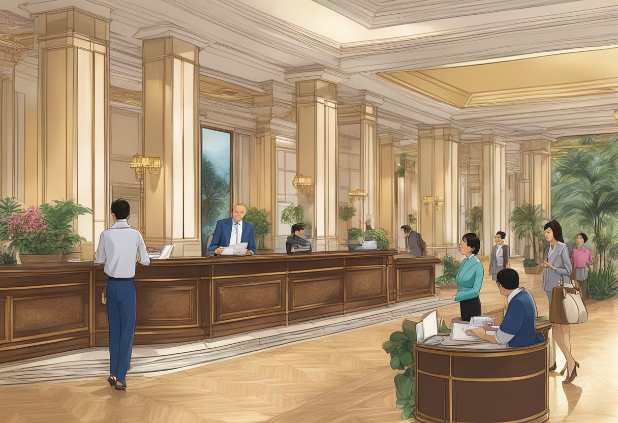The hotel lobby bustles with guests seeking information at the "Frequently Asked Questions" desk, while the elegant Royal Singapore sign gleams in the background