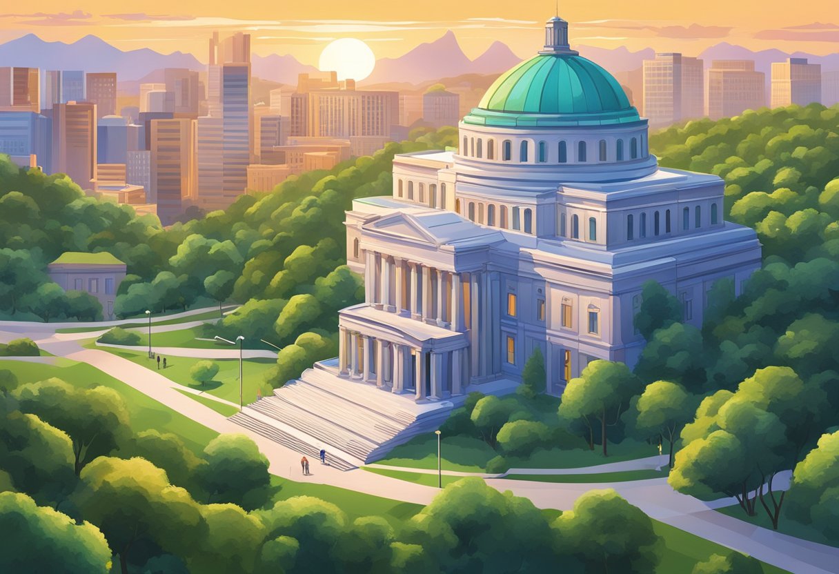 Vibrant cityscape with iconic MFA building at sunset, surrounded by lush greenery and modern architecture