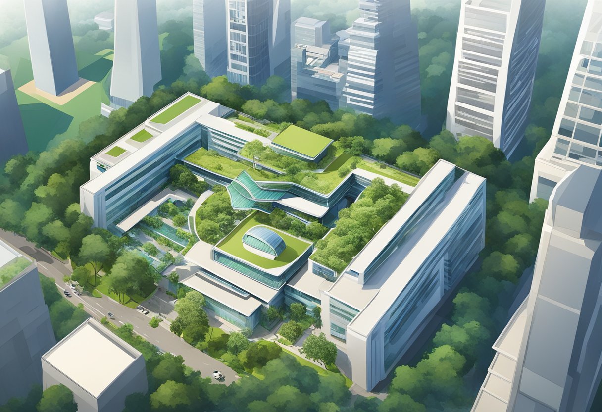 Aerial view of MFA Singapore building with surrounding greenery and cityscape in the background