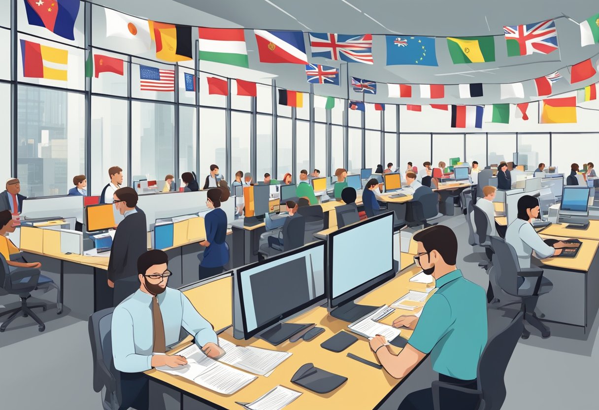 A busy office with flags of different countries, people waiting in line, and staff assisting with paperwork and inquiries