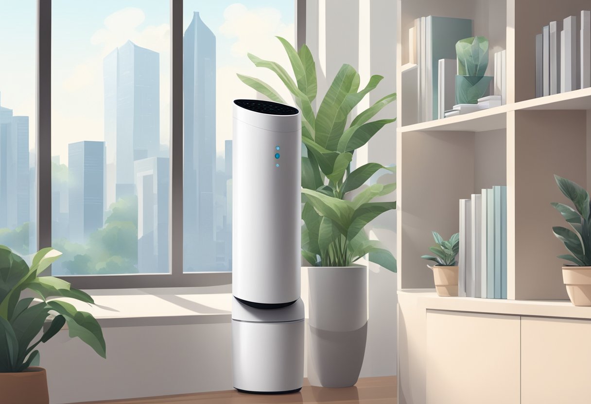 A sleek air purifier sits on a modern shelf in a clean, well-lit room, surrounded by potted plants and with a cityscape visible through the window