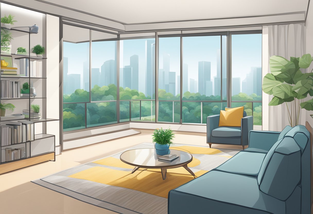 A modern living room in Singapore, with an air purifier placed near a window, filtering out pollutants and providing clean, fresh air