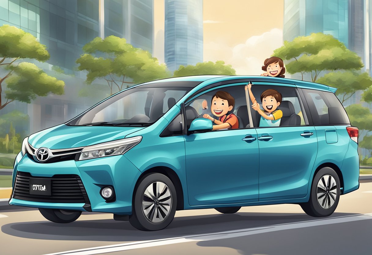 A family happily driving a new Toyota in Singapore, enjoying the ownership benefits