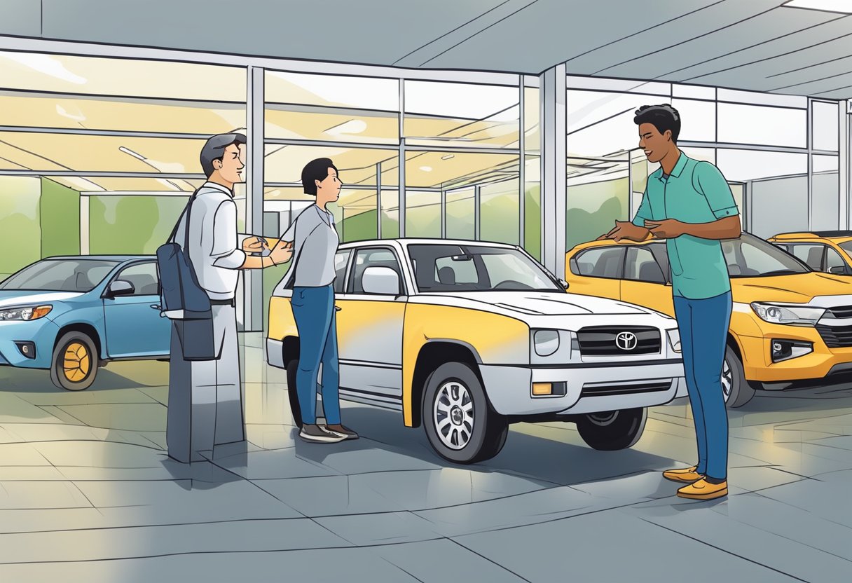 A Toyota showroom with a display of frequently asked questions about their vehicles, with a customer service representative assisting a potential buyer