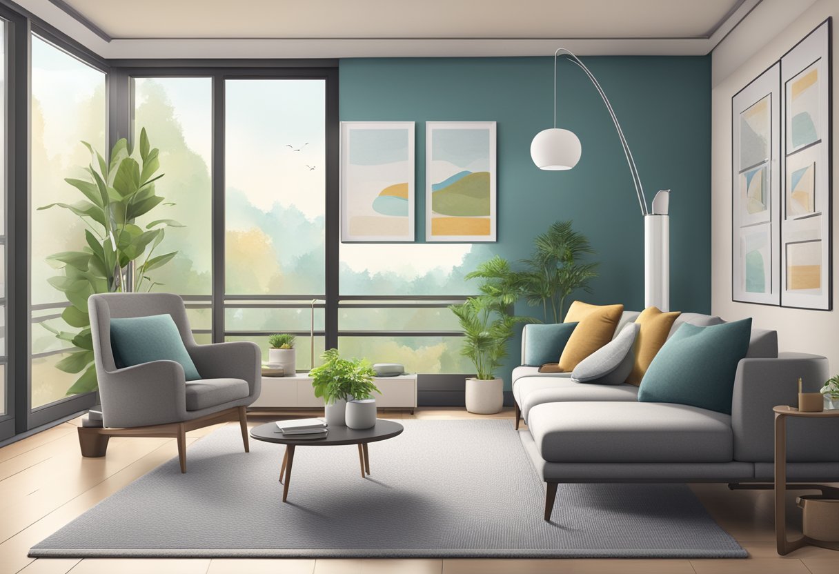 A modern living room with sleek furniture and large windows. A top air purifier model is placed in the corner, with features like HEPA filters and air quality indicators