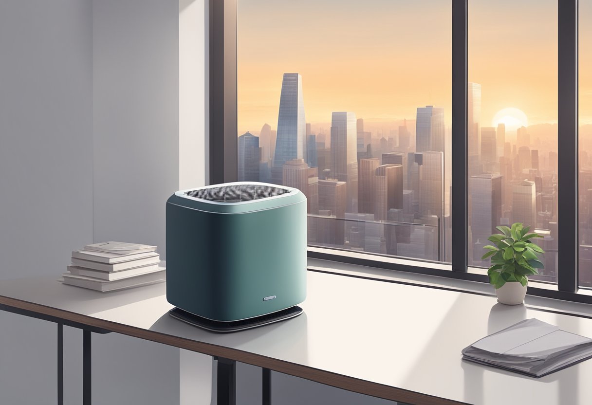 An air purifier sitting on a clean, modern desk in a well-lit room with a city skyline visible through the window