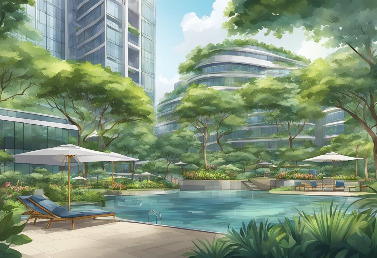 Lush greenery surrounds modern buildings with vibrant signage at the Facilities and Services park royal singapore