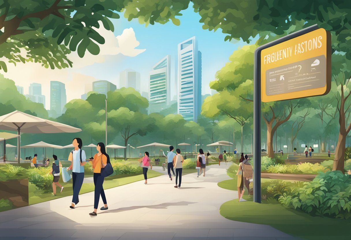 A bustling park with a prominent sign "Frequently Asked Questions" in Park Royal Singapore. Visitors walk around, some reading the sign, others enjoying the serene atmosphere
