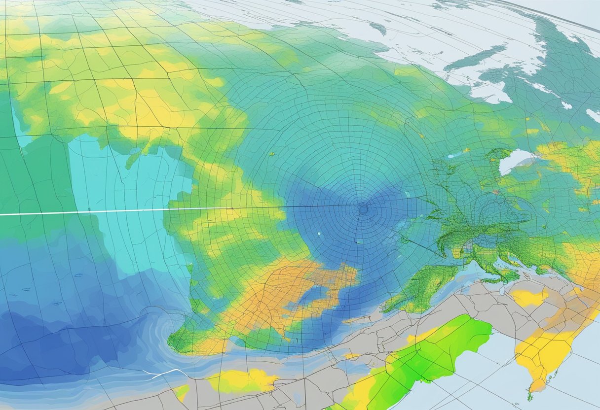Rain radar technology in action, displaying real-time precipitation data on a computer screen with colorful radar images and detailed maps
