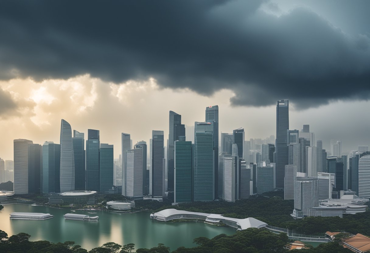 Dark clouds loom over the city skyline as rain radar equipment scans the Singapore sky for incoming weather patterns