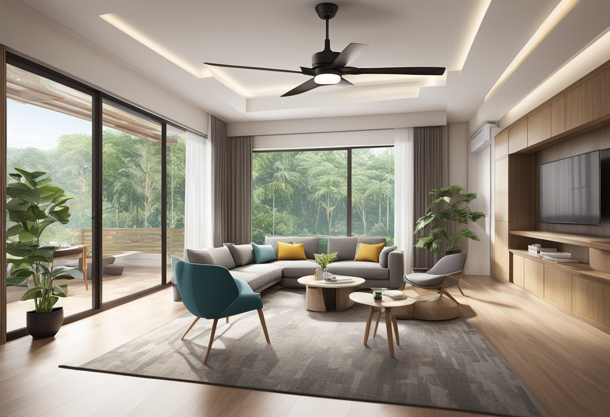 A ceiling fan spinning in a modern, well-lit living room in Singapore