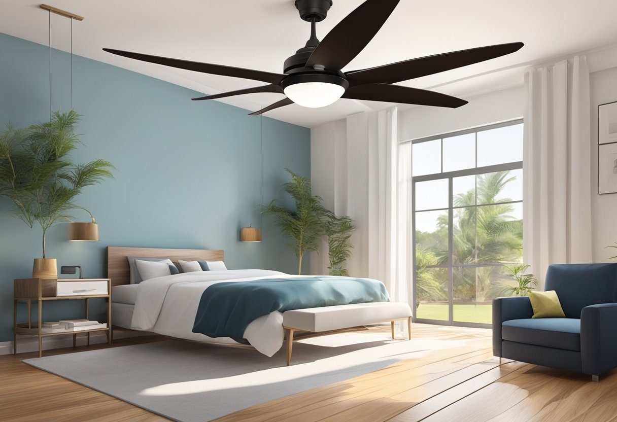 A ceiling fan hangs from the center of a room, with blades spinning and casting a gentle breeze. The fan is modern and sleek, fitting seamlessly into the room's decor