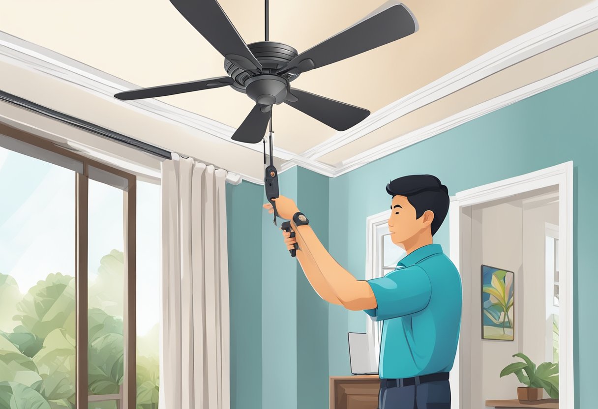 A person installs a ceiling fan in a Singaporean home, using tools and following safety guidelines