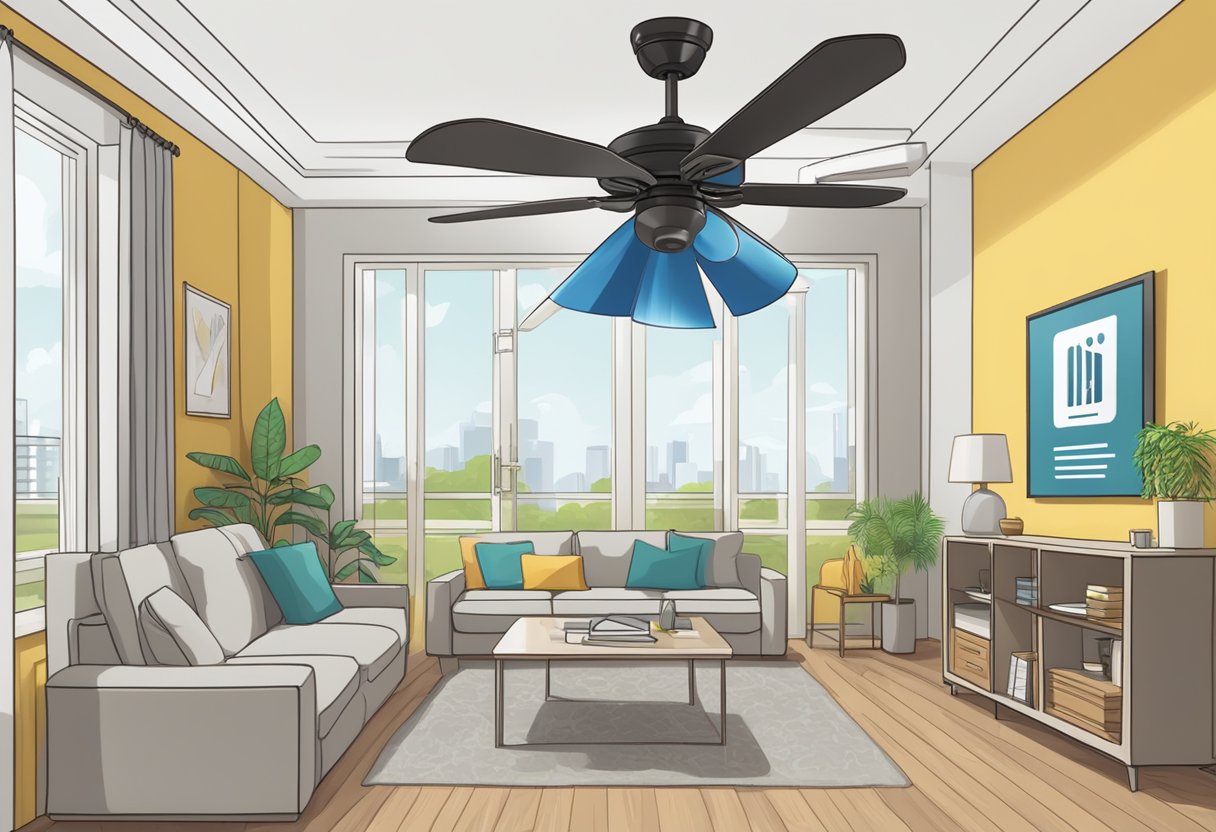 A ceiling fan spinning above a room with a sign reading "Frequently Asked Questions - ceiling fan Singapore" in the background