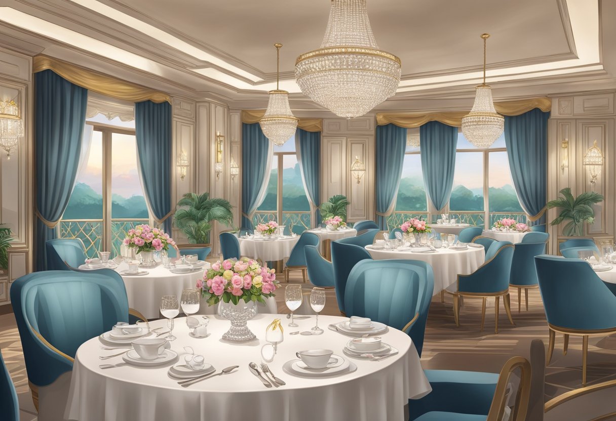 Elegant tables set with fine china and crystal, surrounded by plush chairs and soft lighting, in a sophisticated restaurant in Singapore