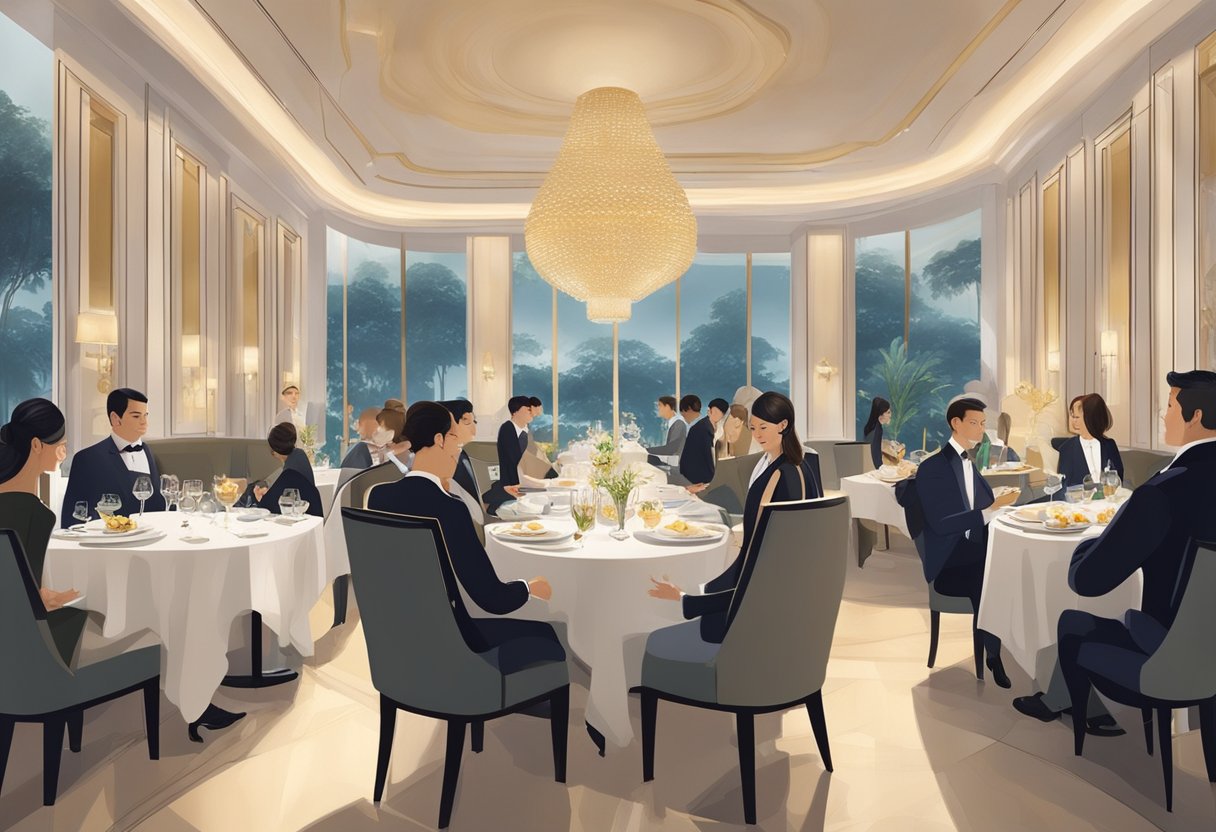 Guests savoring exquisite dishes in a luxurious Singapore fine dining restaurant, surrounded by elegant decor and attentive service