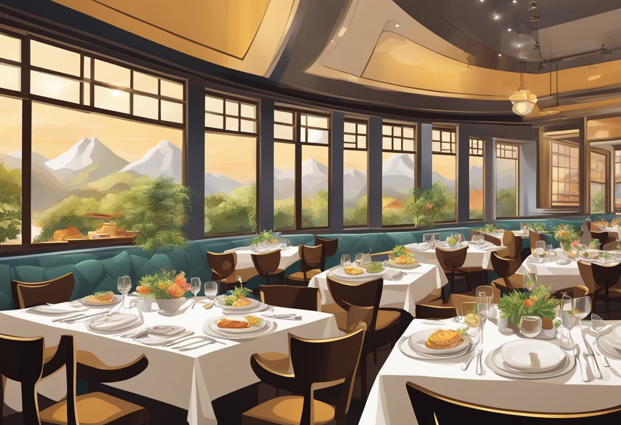 A bustling restaurant with elegant decor, tables set with fine linens and gleaming cutlery. The air is filled with the aroma of diverse cuisines, from sizzling stir-fries to delicate pastries