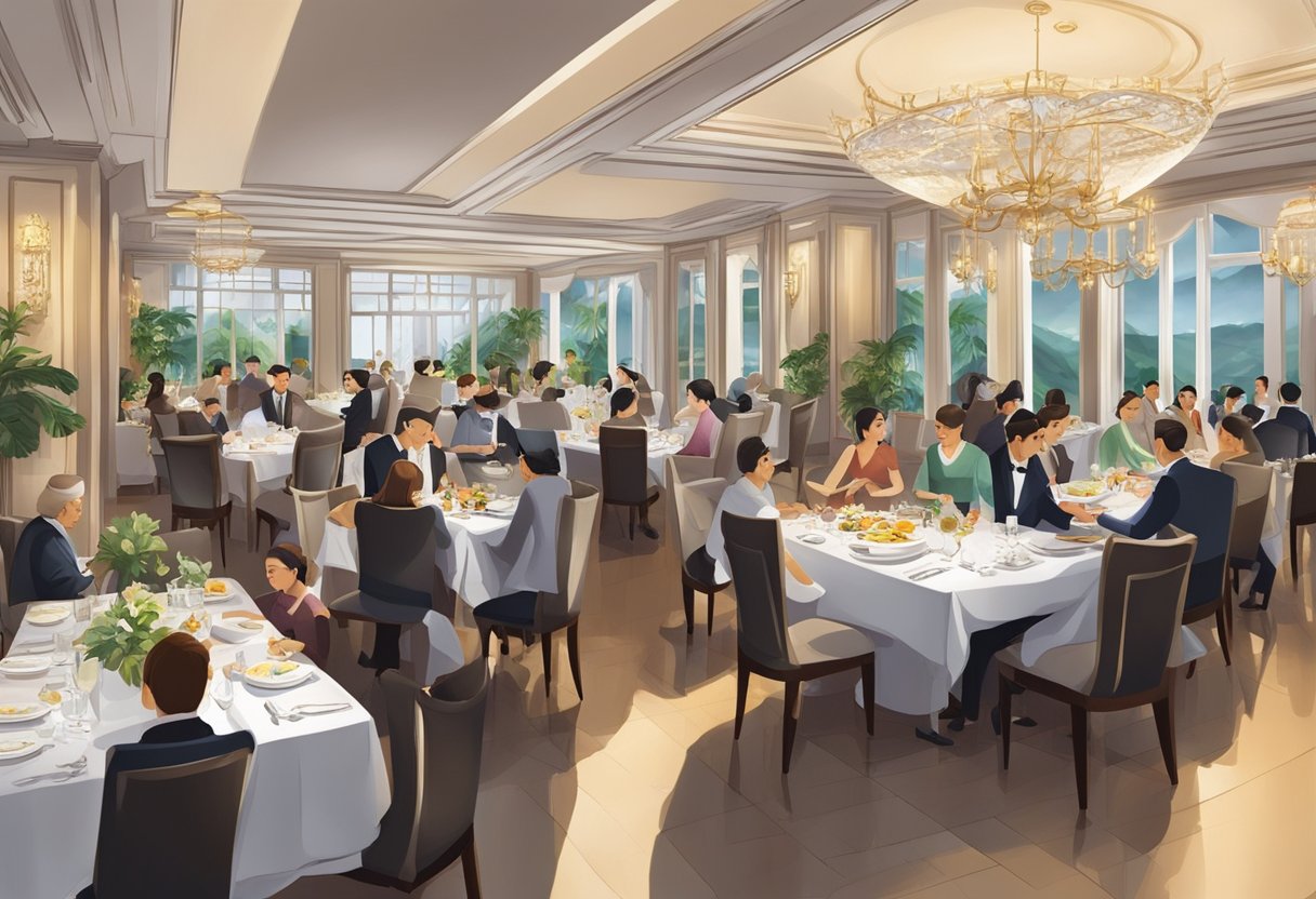 A bustling fine dining restaurant in Singapore, with elegant decor and attentive staff serving a diverse array of international cuisine
