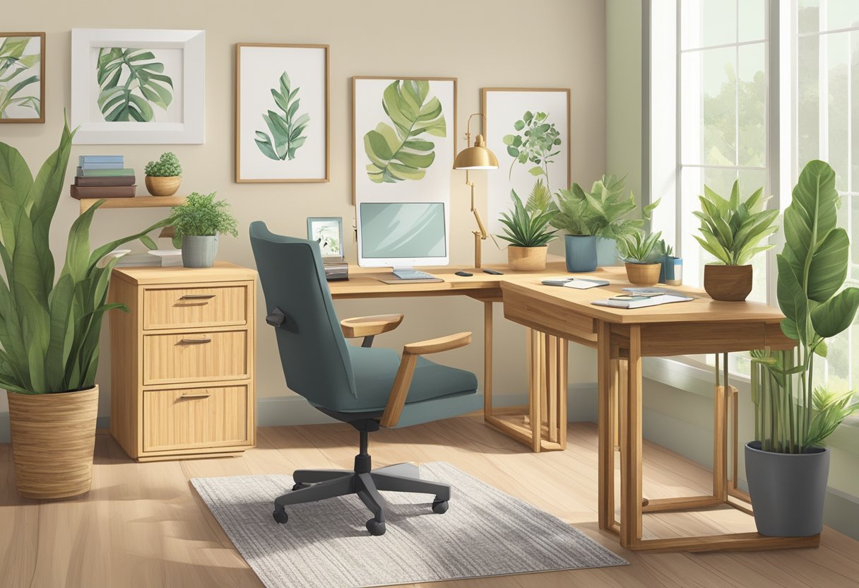 A home office desk with eco-friendly materials, like bamboo or recycled wood, is adorned with sustainable decor items such as potted plants, natural fiber rugs, and energy-efficient lighting
