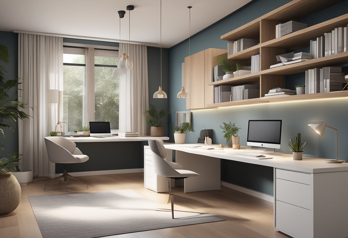 A modern home office with sleek, adjustable desks and chairs, integrated storage solutions, and stylish lighting. A minimalist color palette and natural materials create a calming, productive environment