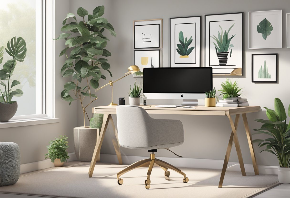 A modern home office with a minimalist desk, plants, and neutral color palette. A pop of vibrant color adds energy and creativity to the space