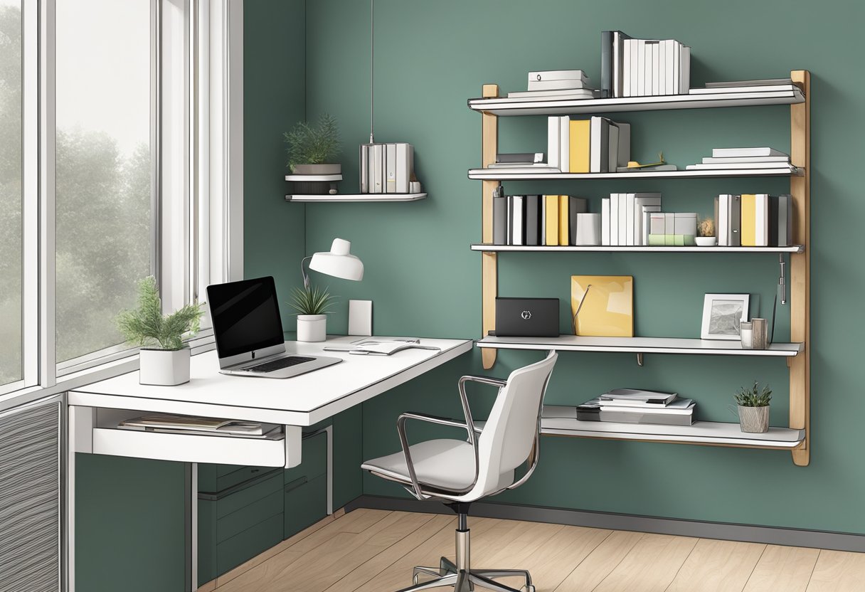 A compact desk with built-in storage, wall-mounted shelves, and a foldable chair in a modern home office setting