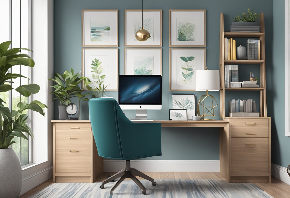 A home office with customized decor, featuring branded items and personalized touches. Modern color scheme and sleek furniture create a professional yet comfortable atmosphere
