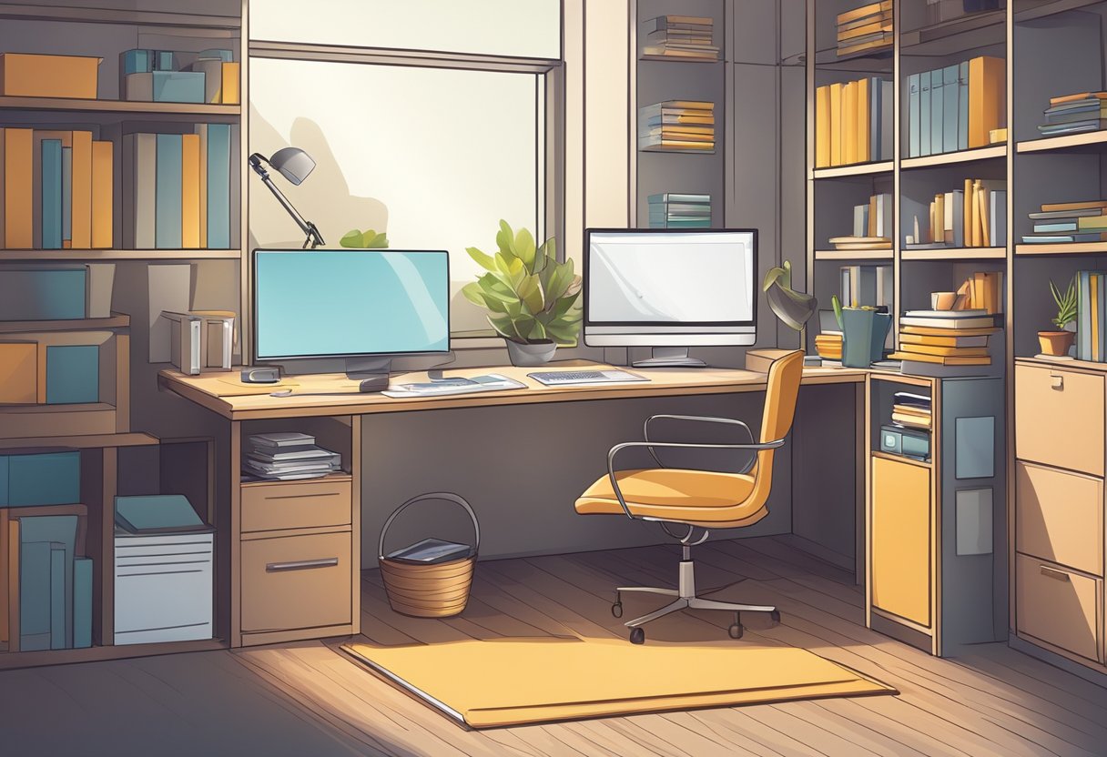 A clutter-free desk with a computer, notebook, and pen. A well-organized bookshelf and file cabinet. Natural light and a comfortable chair