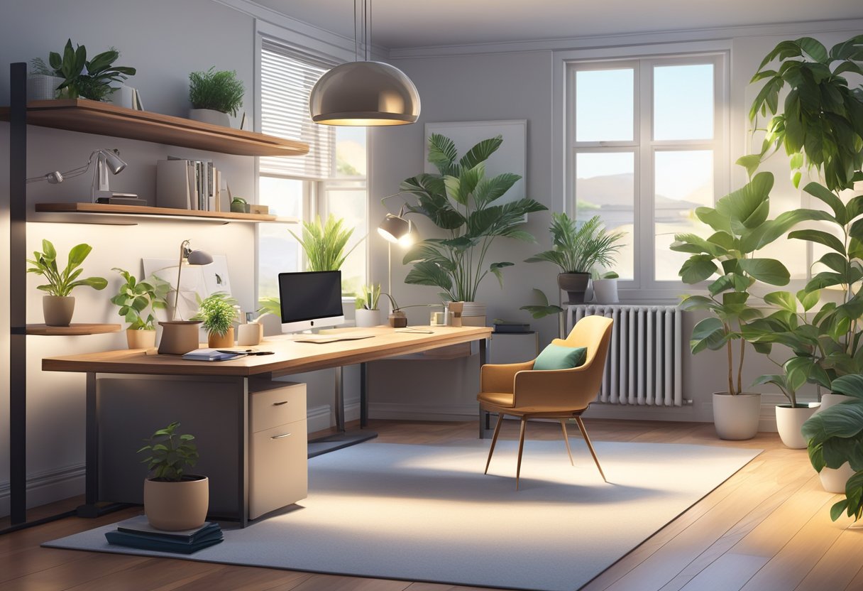 A bright, well-lit home office with modern lighting fixtures and plants. A sleek desk with technology and organizational tools. A comfortable chair and ergonomic accessories