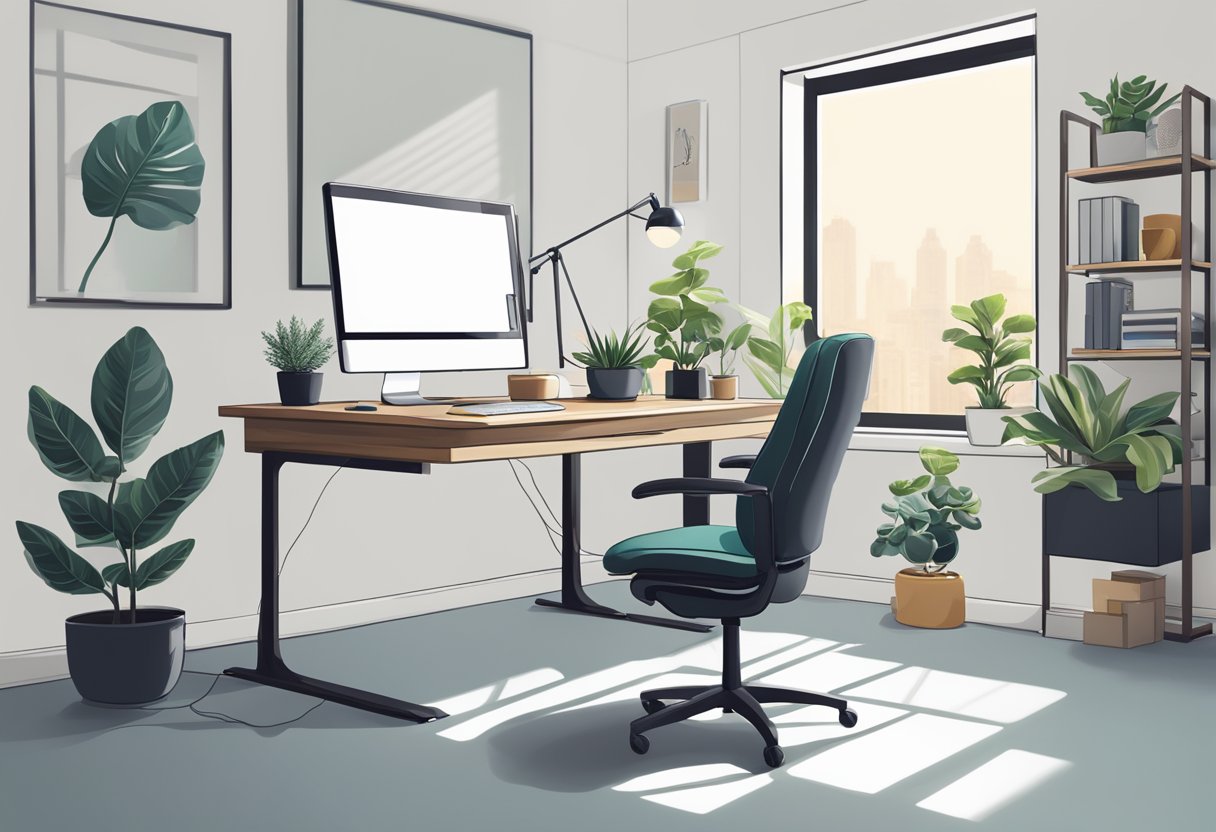 A desk with a computer, ergonomic chair, organized cables, natural lighting, and a plant for a productive home office setup