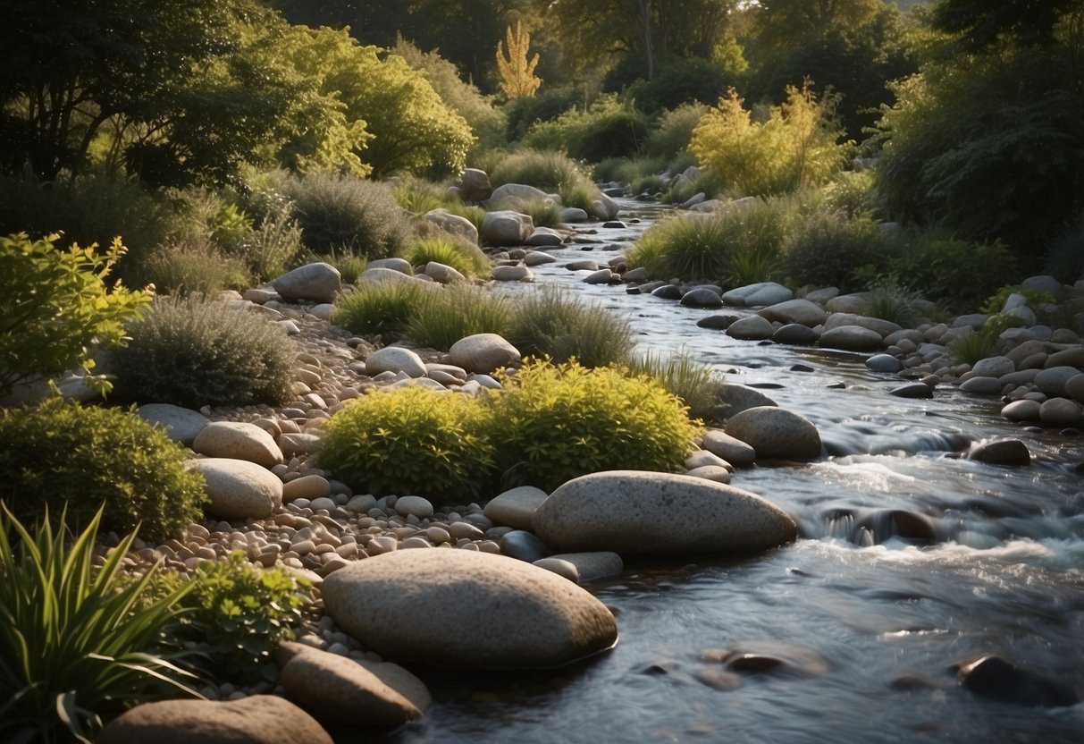 A winding river flows through a garden, bordered by smooth river rocks of various sizes. The rocks are arranged in a natural and organic manner, creating a visually appealing and serene landscape