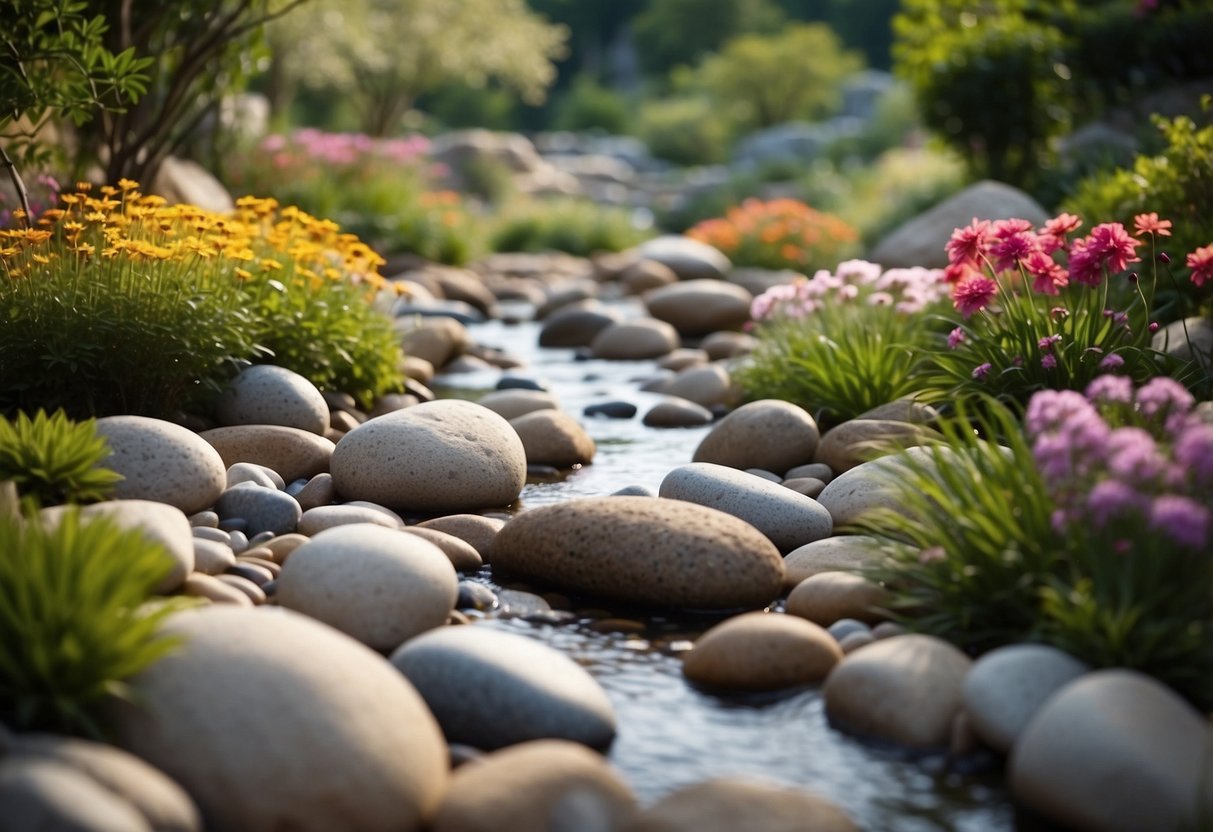 A winding river of smooth river rocks flows through a garden, bordered by lush greenery and colorful flowers. The rocks are arranged in various sizes and shades, creating a natural and tranquil landscape