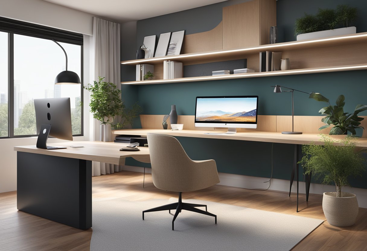 A sleek, modern home office with sound-absorbing panels, natural materials, and integrated technology. A balance of functionality and aesthetics