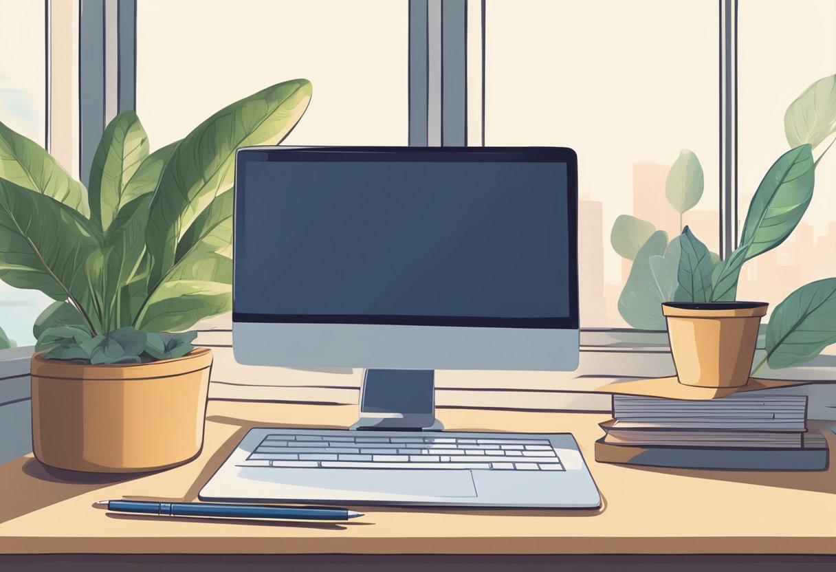 A clutter-free desk with a laptop, notebook, and pen. Natural light floods the room, and a plant sits on the windowsill. A clock on the wall reads 9:00 AM