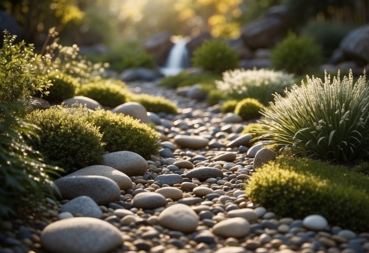 A garden pathway lined with smooth river rocks of varying sizes, leading to a small pond with a cascading waterfall surrounded by more river rocks