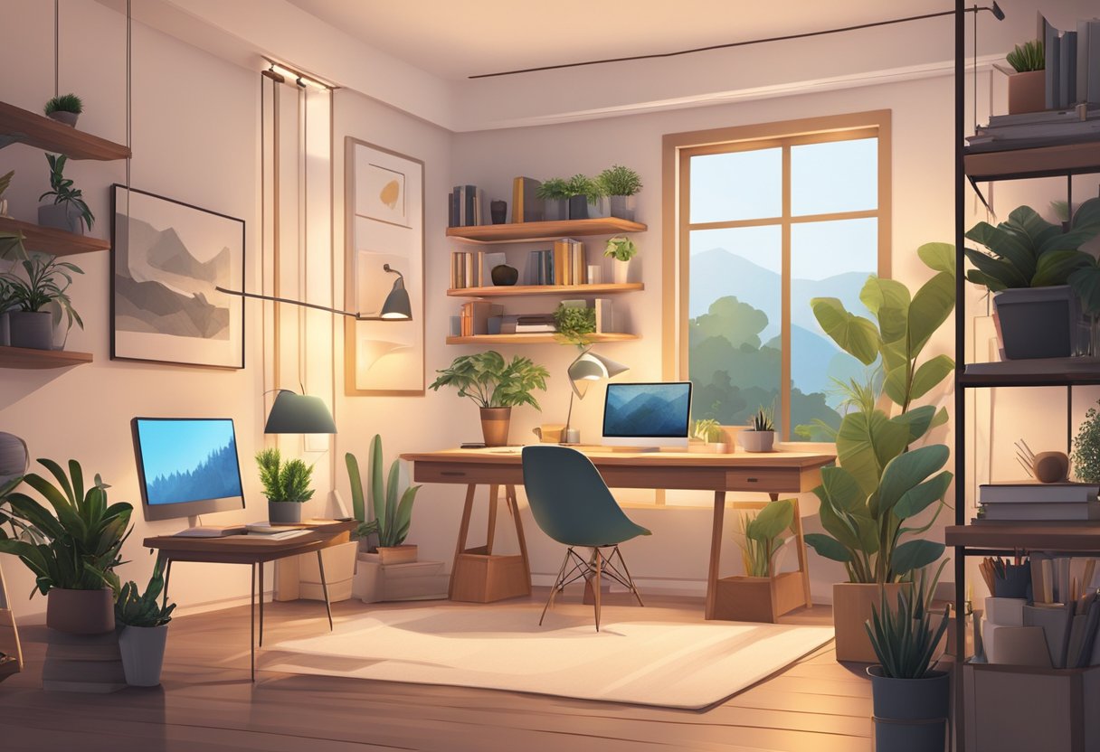 A cozy home office with natural elements, minimalistic furniture, and warm lighting. Plants, books, and art create a calm, technology-free zone