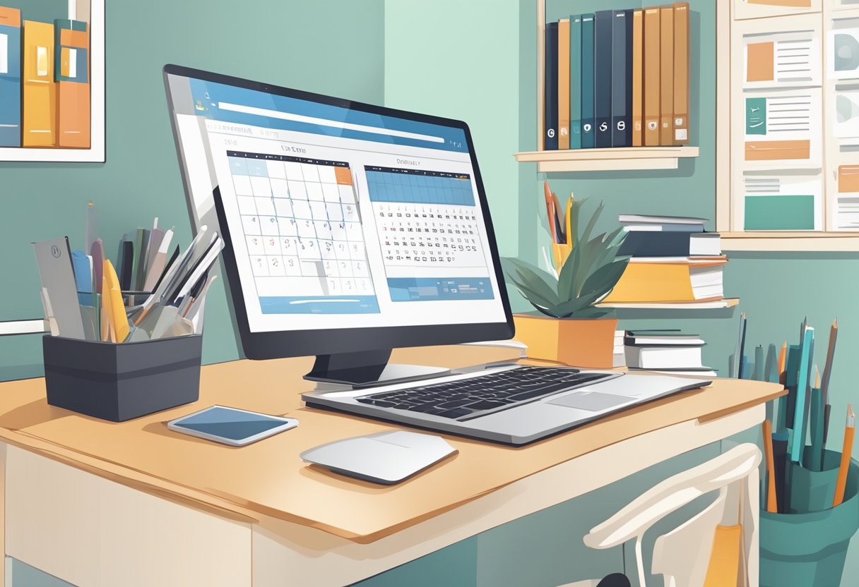 A clutter-free desk with a calendar, clock, and to-do list. A laptop with open tabs for task management and a neatly organized bookshelf in the background