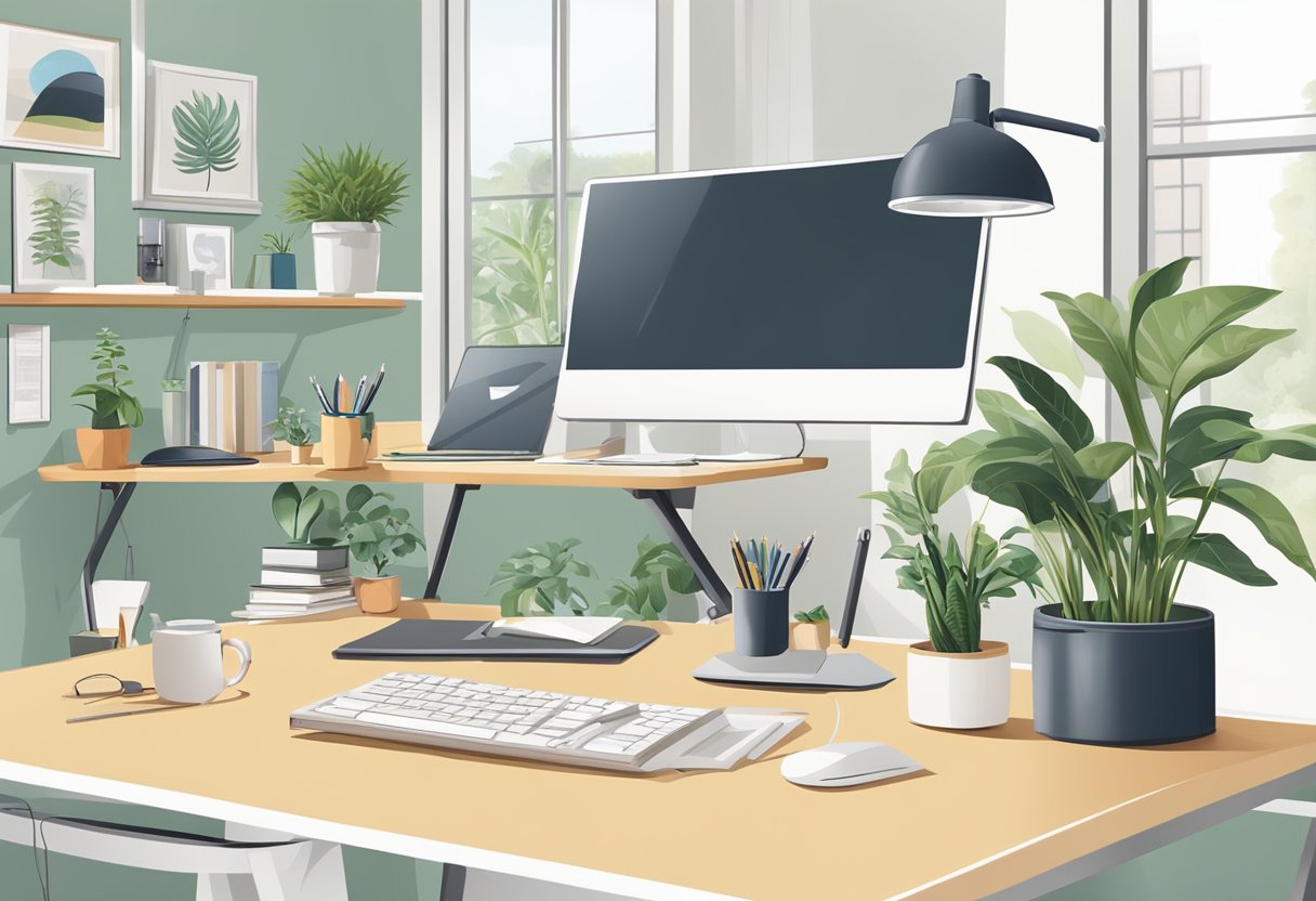 A bright, organized home office with ergonomic furniture, natural light, plants, and essential office supplies neatly arranged on the desk