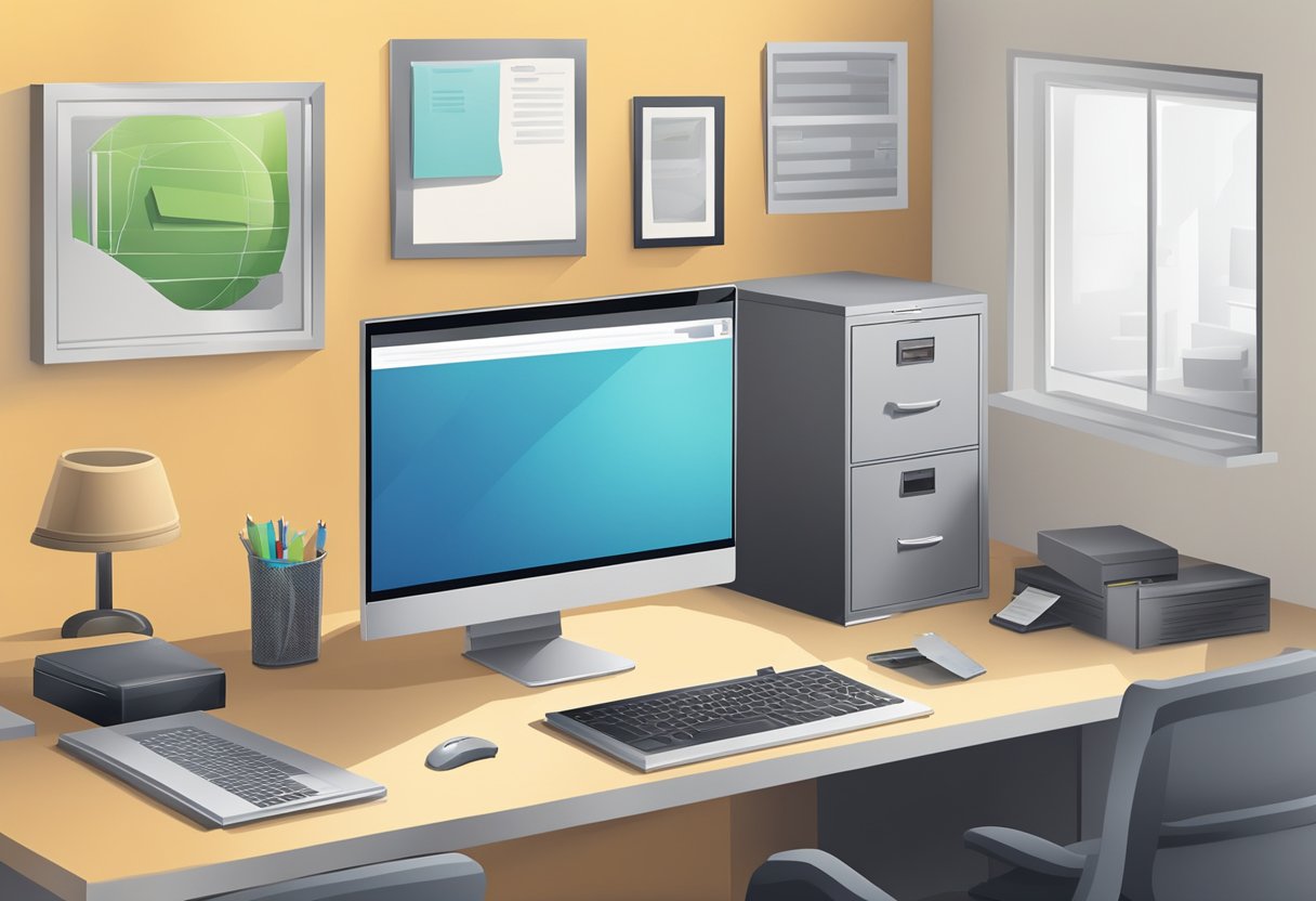 A home office with a locked filing cabinet, a shredder, a secure Wi-Fi network, and a privacy screen on the computer monitor