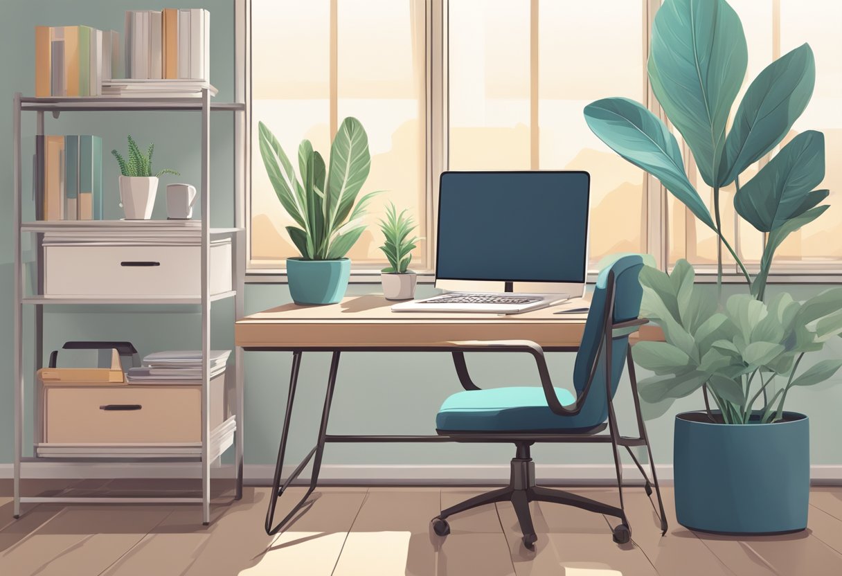 A clutter-free desk with a laptop, notebook, and pen. A comfortable chair and good lighting. A plant and a calming color scheme