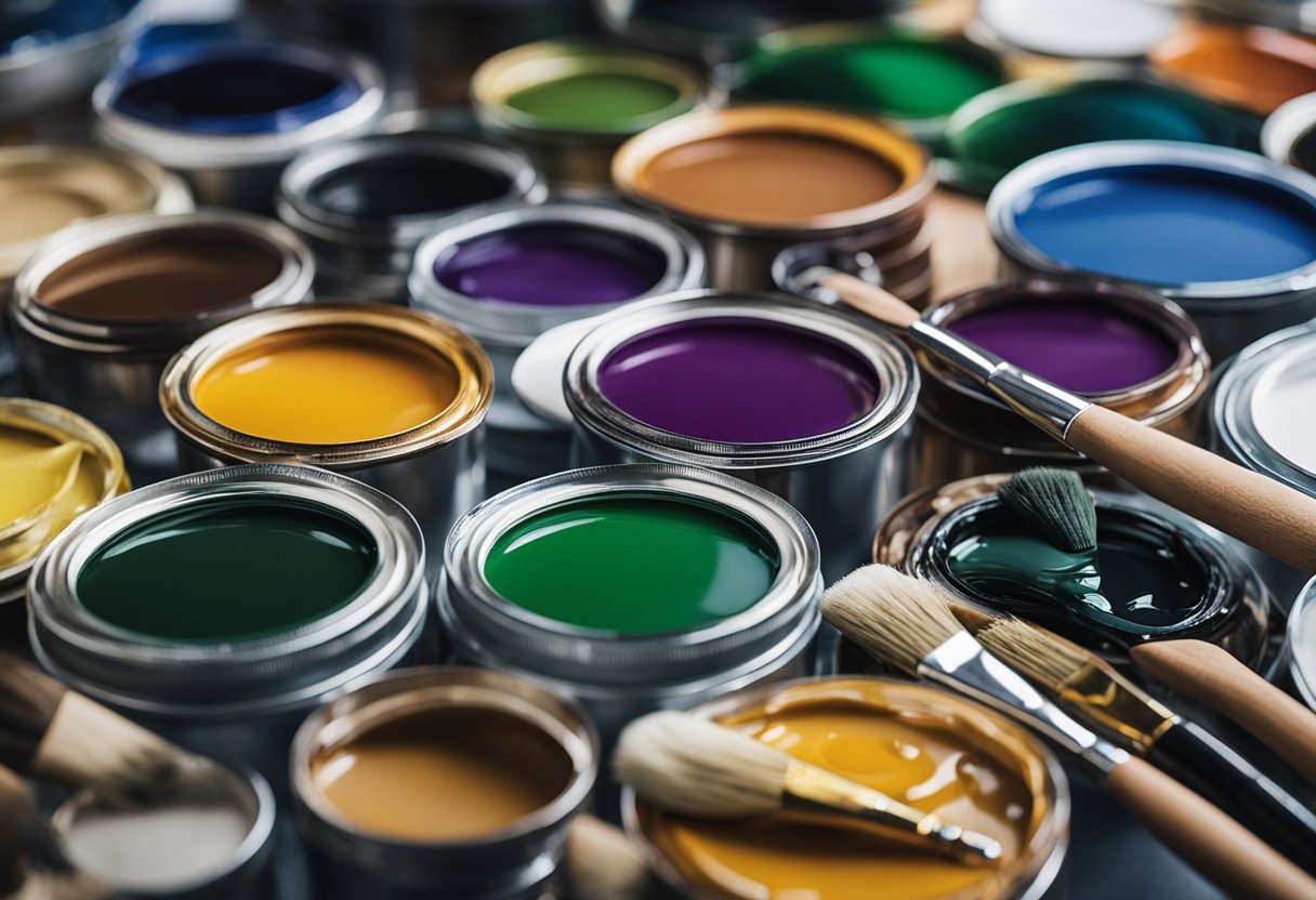 Various paint types (oil, acrylic, watercolor) arranged on a table, each labeled with its base composition. Brushes and palettes nearby