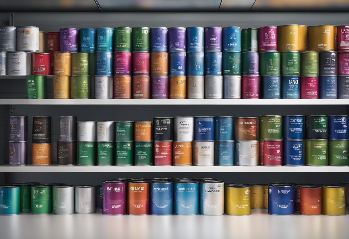 Glossy, matte, and satin paint cans arranged on a shelf, each labeled with its finish type. Light reflects off the glossy cans, while the matte cans appear smooth and non-reflective