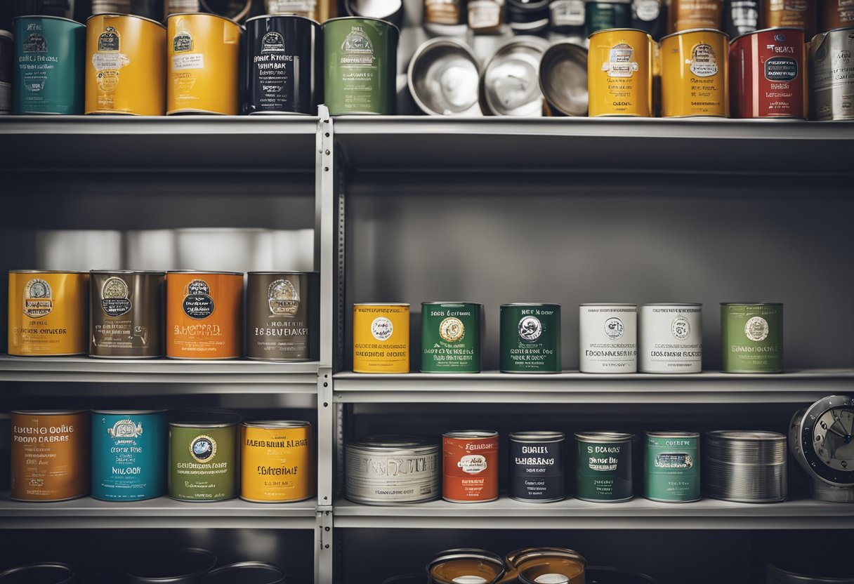 Various paint cans labeled "latex," "oil-based," and "acrylic" sit on a shelf. A clock on the wall shows different times for each type
