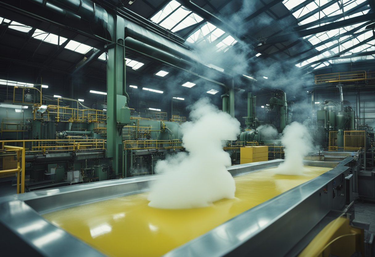 A factory emitting VOCs while producing solvent-based paint. Nearby, a forest thrives where water-based paint was used