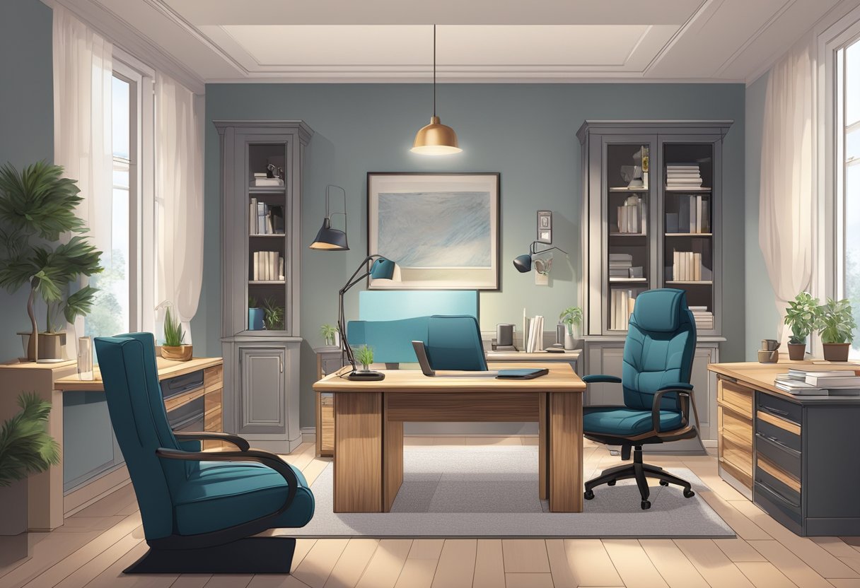 A spacious home office with ergonomic furniture, including a comfortable chair, adjustable desk, and proper lighting for optimal work productivity