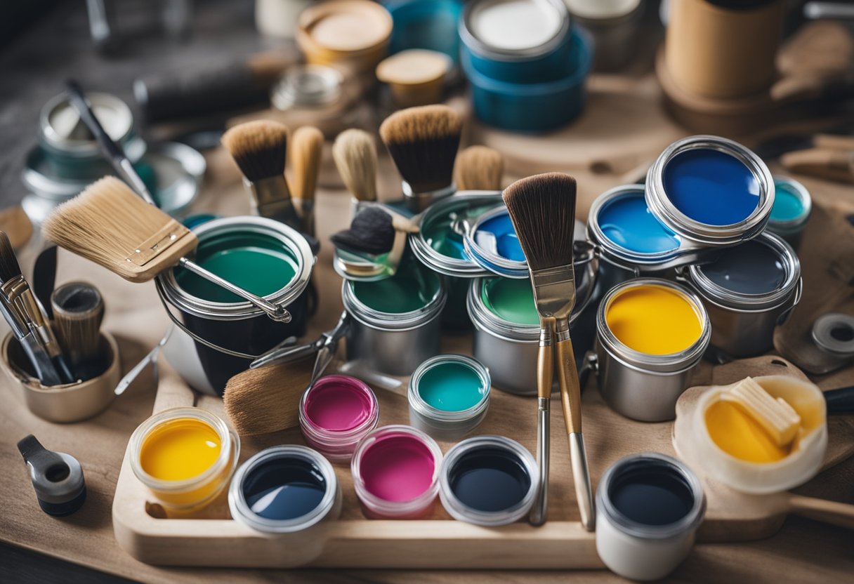 A paintbrush cleaning station with separate containers for water-based and oil-based paints, labeled clearly. Different brushes and tools for each type of paint