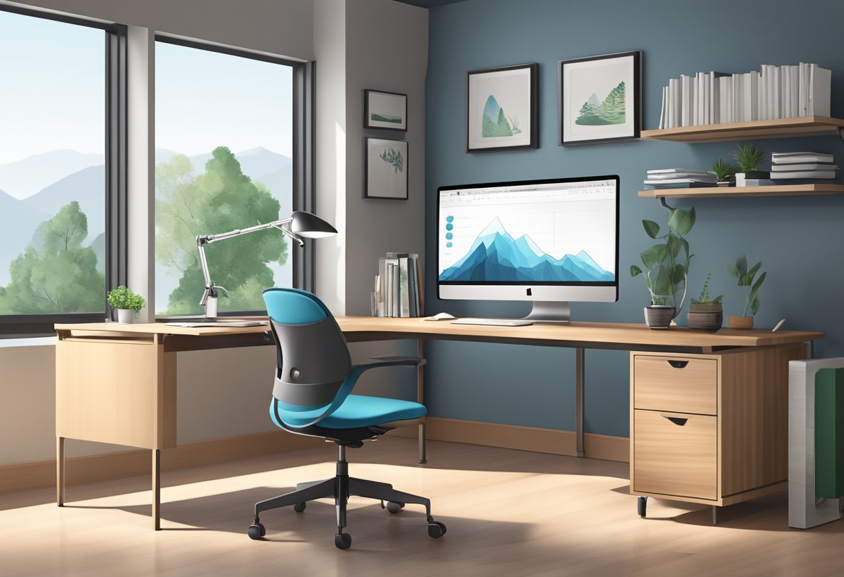 A sleek, modern home office with a spacious desk and a comfortable, supportive ergonomic chair. The chair is adjustable and designed to provide lasting comfort for long hours of work